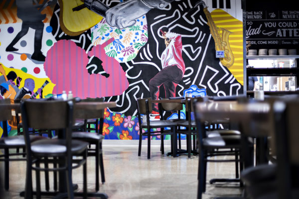 Colorful mural on an accent wall at the ClubRoom at the Clyde